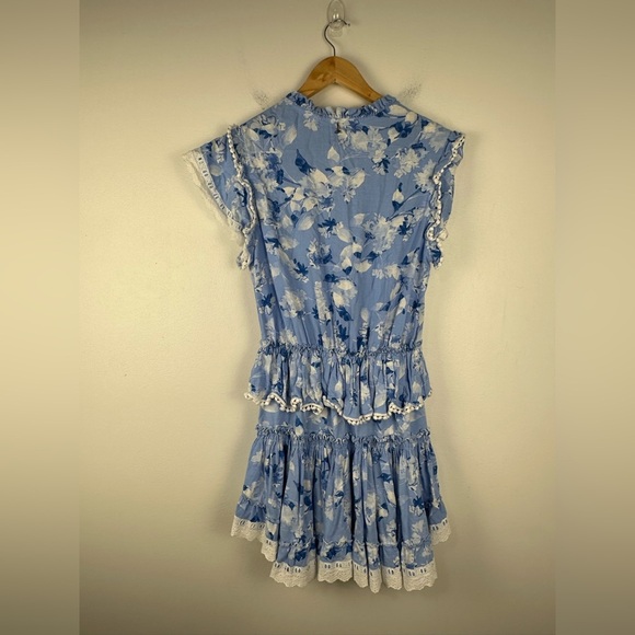 Misa Los Angeles Lilian Dress Blue Tiered Linen Floral Mini Ruffle Women’s Sz M - Picture 8 of 8
